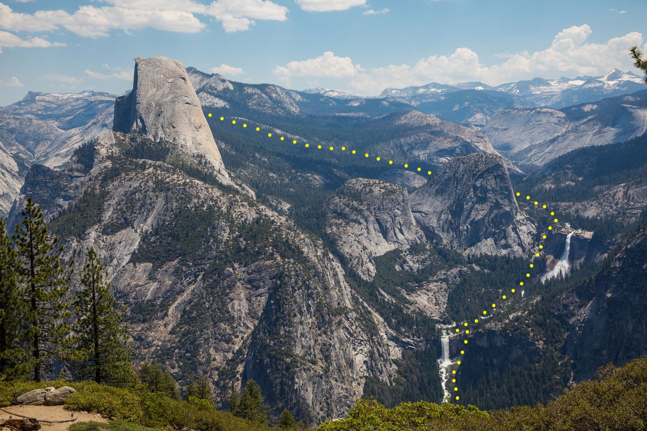 Hiking trail outlined in yellow dots