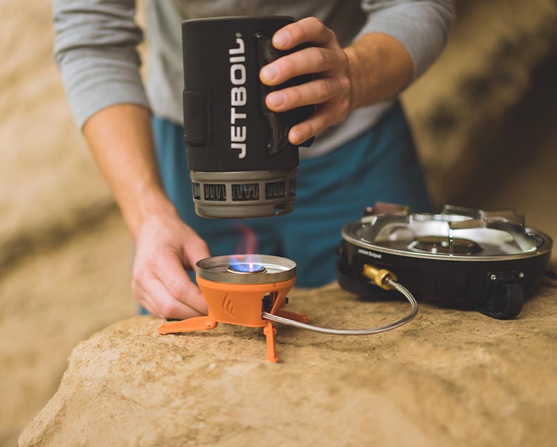 Jetboil Luna Satellite Burner heating up a Jetboil cooking system