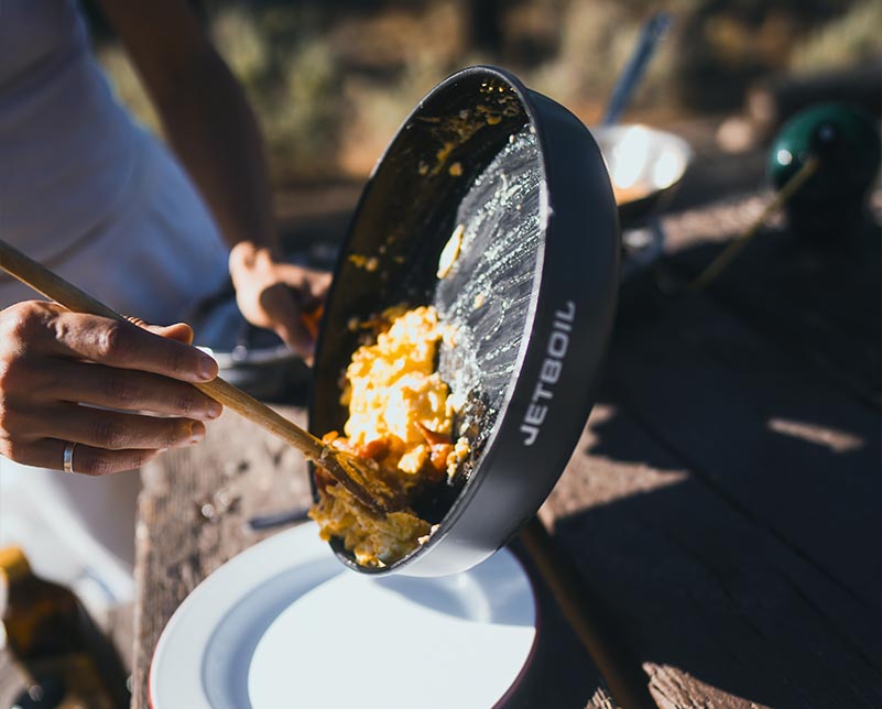 Plating meal cooked in the Jetboil 10 inch fry pan