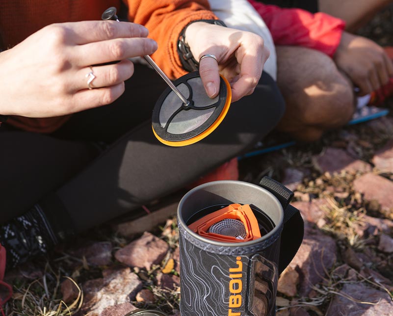 Ready to pack Jetboil Silicone Coffee Press into Flash 1.0L Fast Boil system for storage