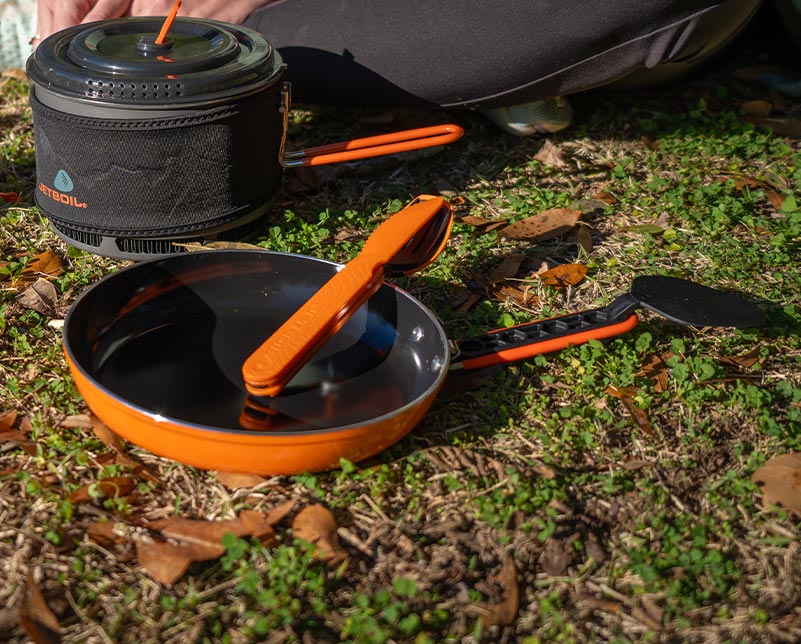 Arrangement of Jetboil Cookware including TrailWare, Summit Skillet and 1.5L Cook Pot