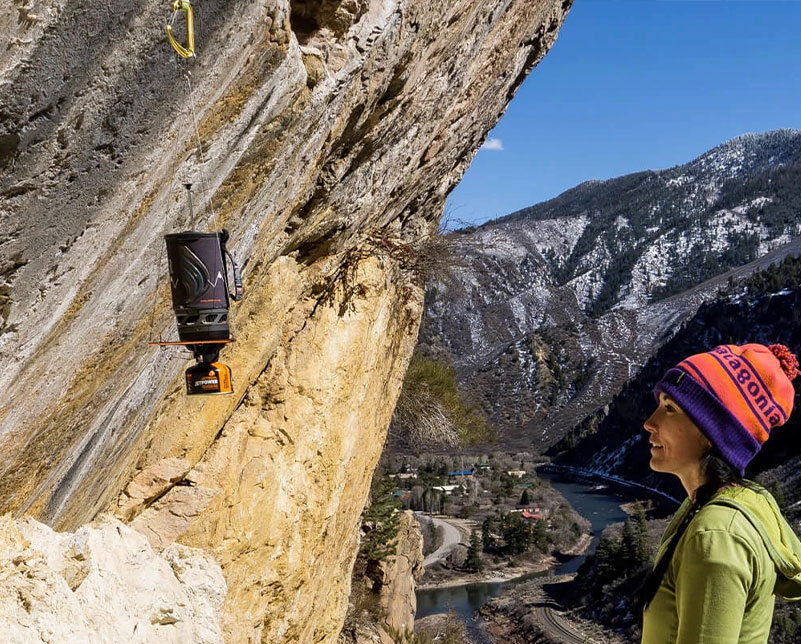 Jetboil Flash system in the Hanging Kit hanging from rock formations