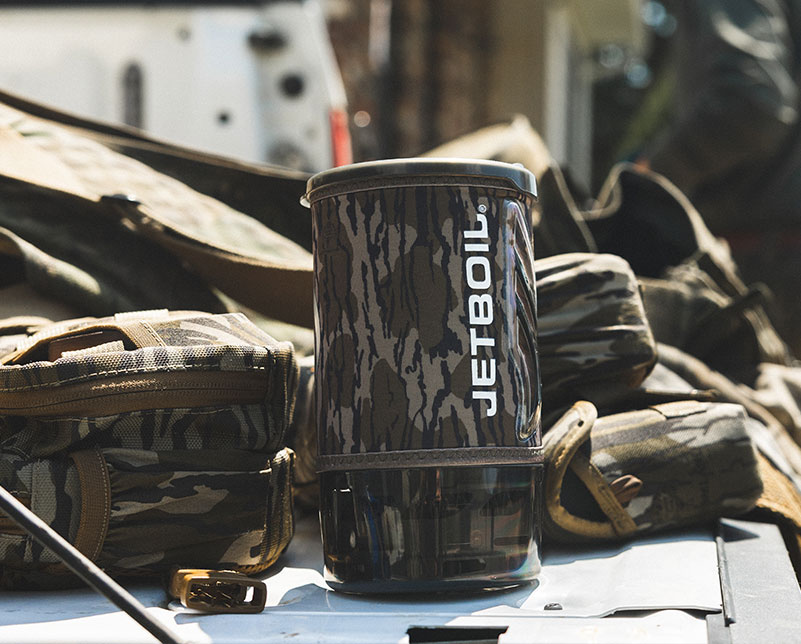 The Jetboil Flash 1.0L fast boil system packed along with hunting gear