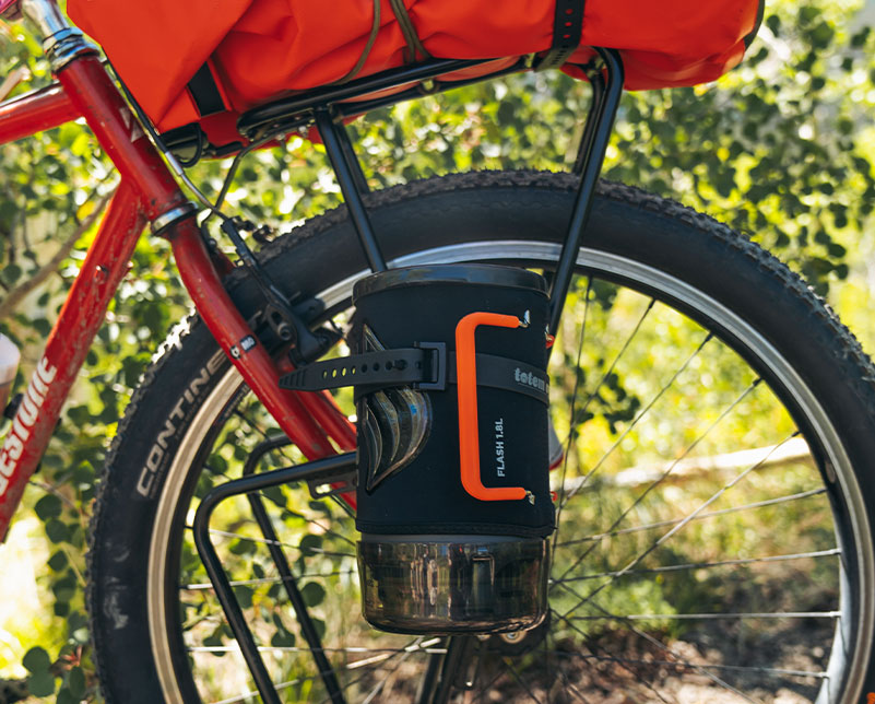 Packed Jetboil Flash 1.8L Fast Boil System attached to bike while riding