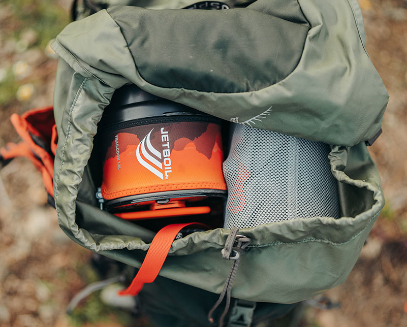 Packed Jetboil TrailCook 1.2L Cooking system in hiking backpack