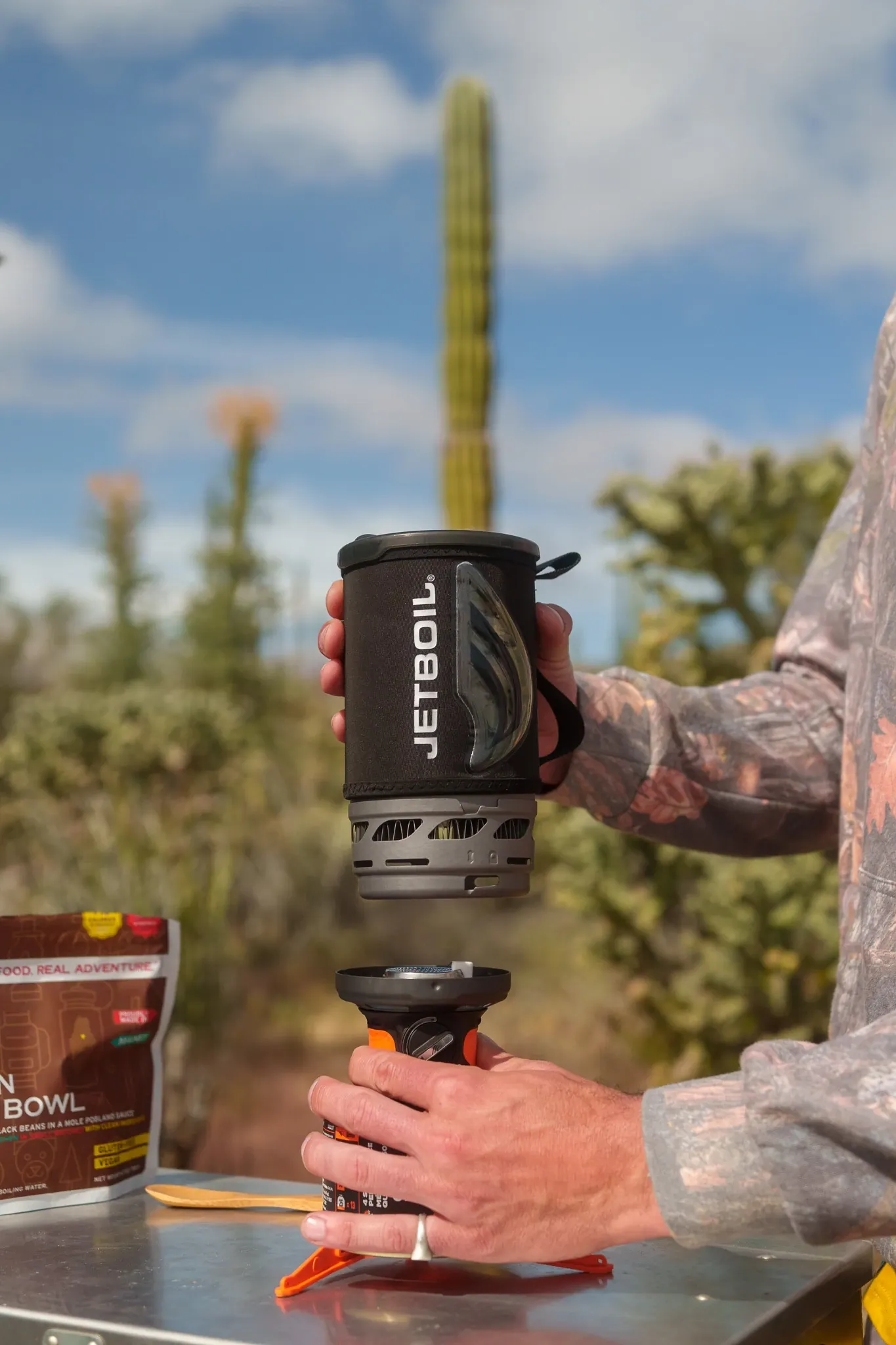 Jetboil camping stove in desert
