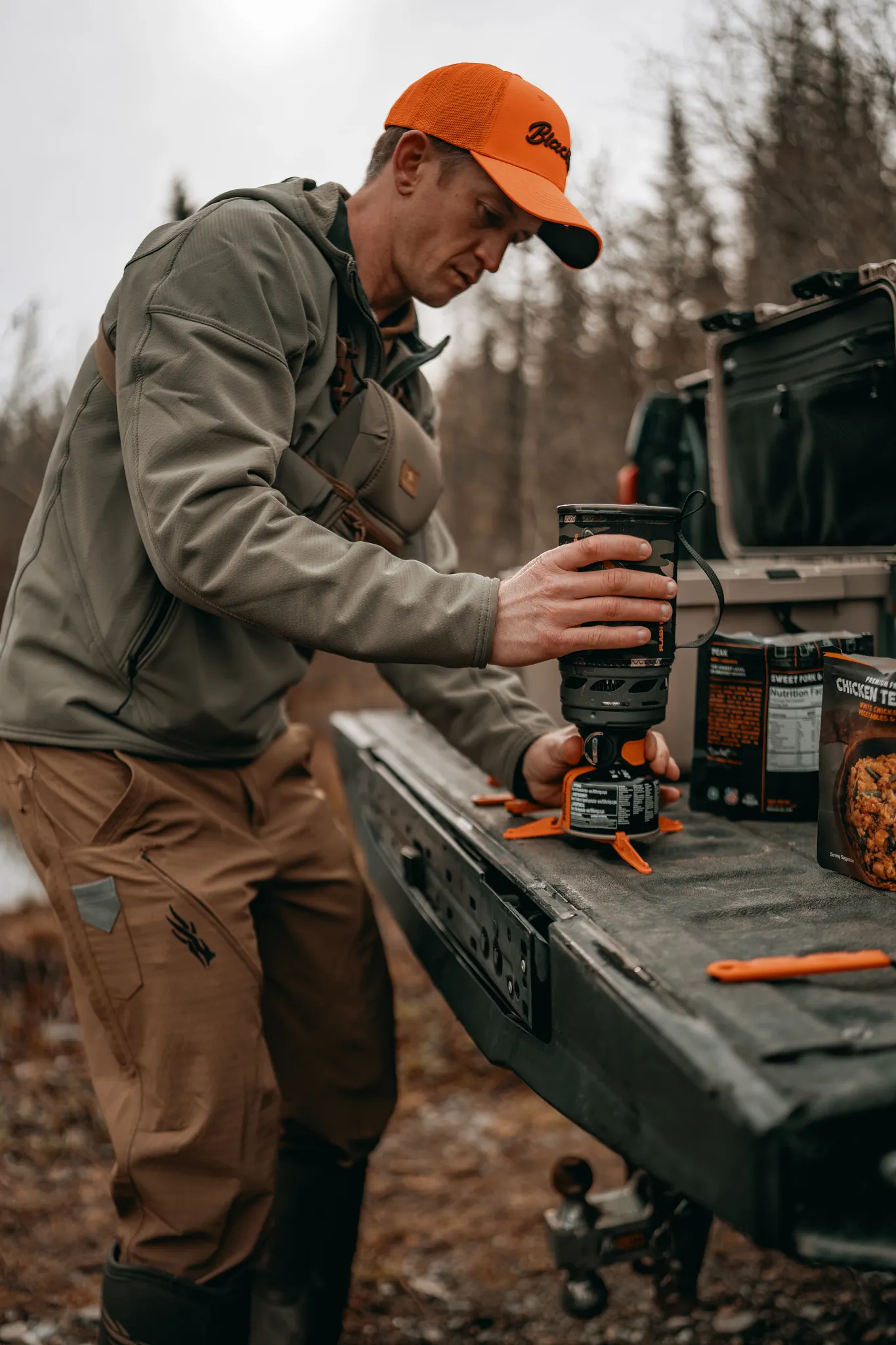 Man with Jetboil camp stove in Maine
