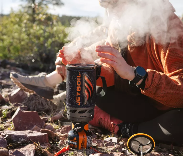 Steam rising out of a Jetboil Flash 1.0L Fast Boil System