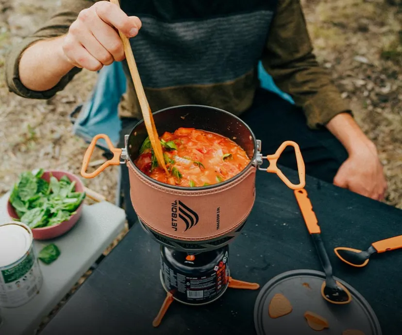 Mixing up a cooked meal in the Jetboil TrailCook 2.0L precision cook system